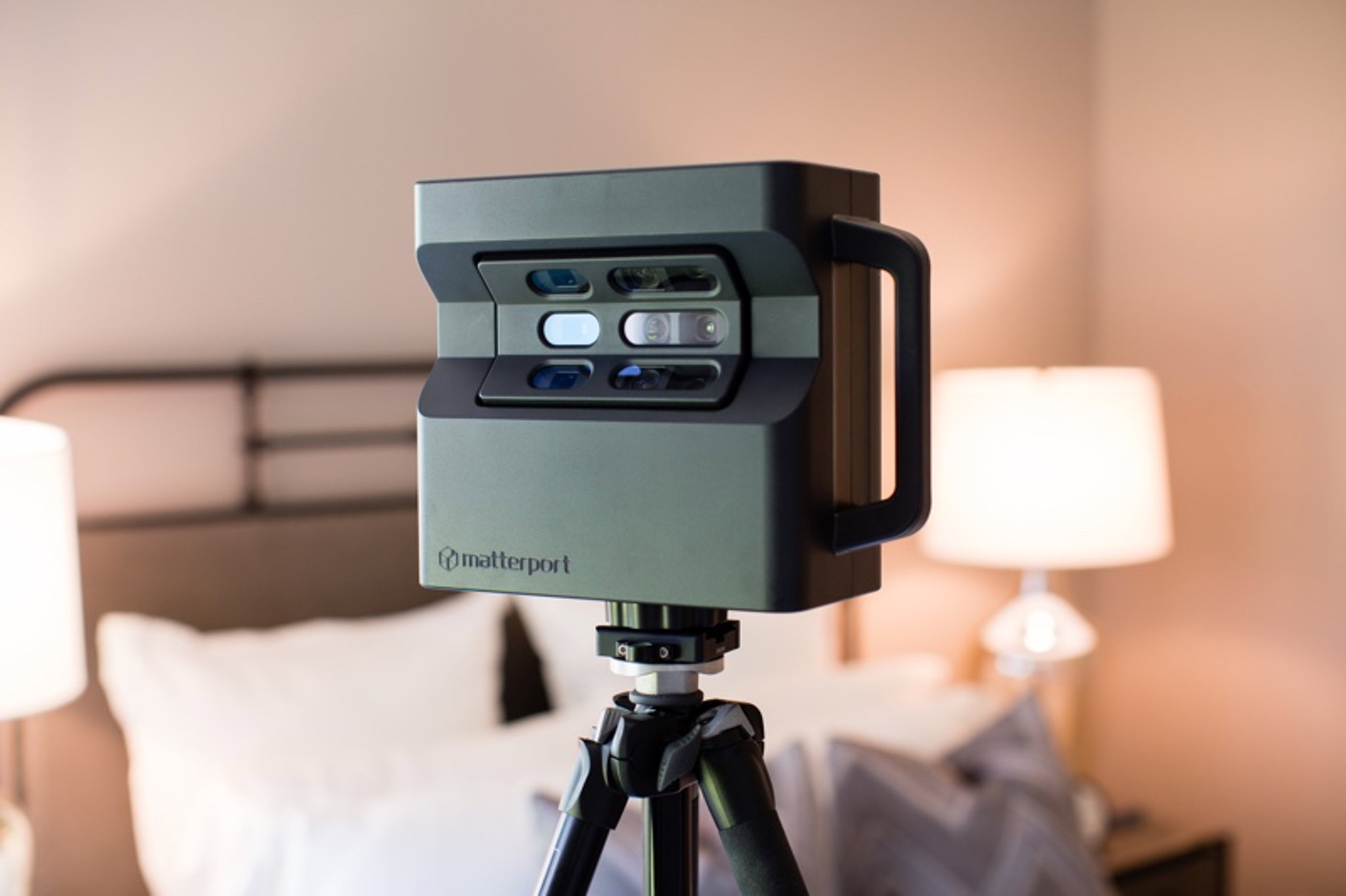 Matterport camera on a tripod inside a home